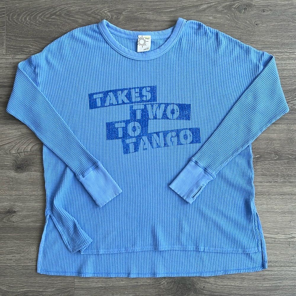 AERIE OFFLINE Waffle Knit Long Sleeve Tee Small Thumbholes Blue Graphic Lounge